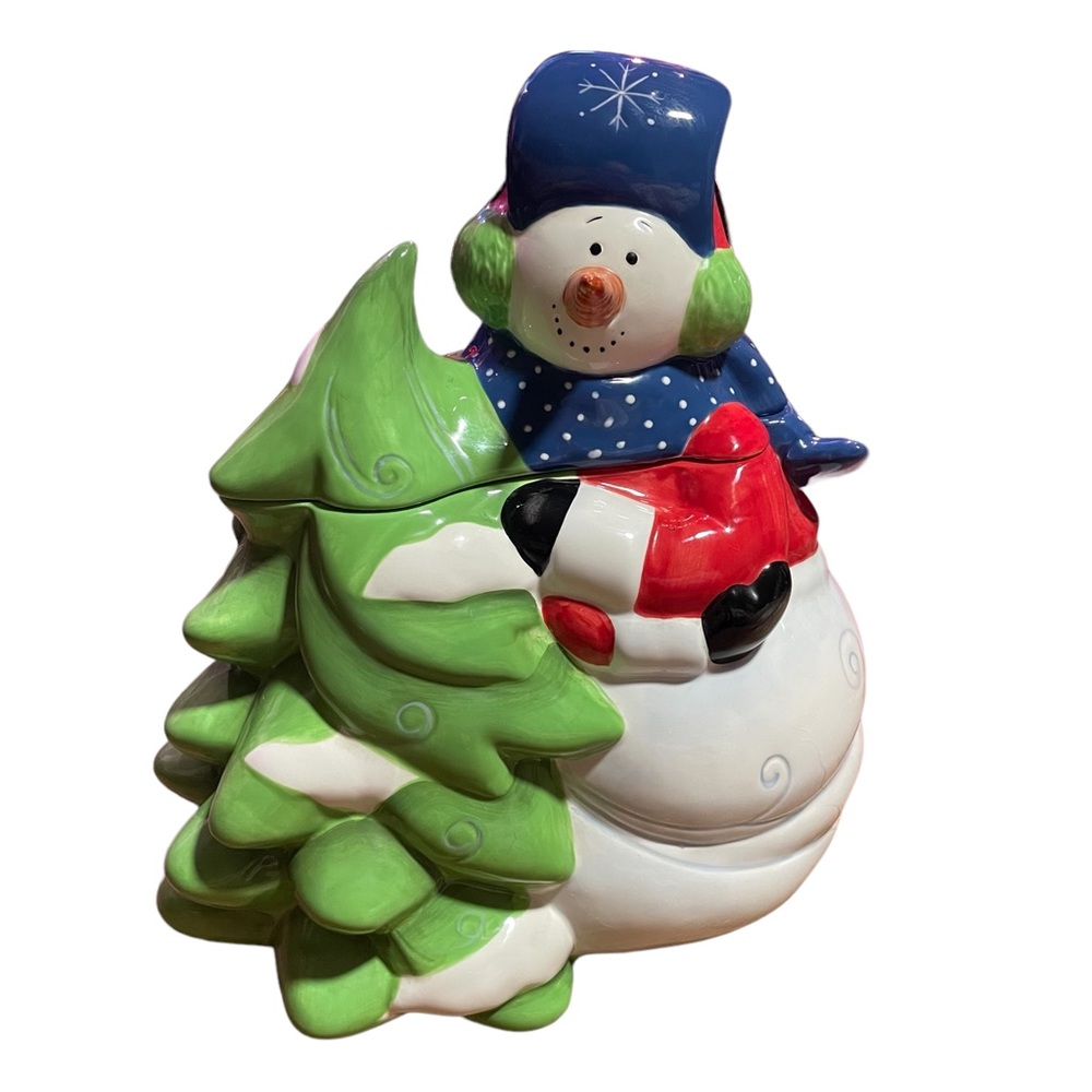 FROSTY THE SNOWMAN LARGE 3-D GLAZED CERAMIC CHRISTMAS COOKIE JAR HAND-CRAFTED